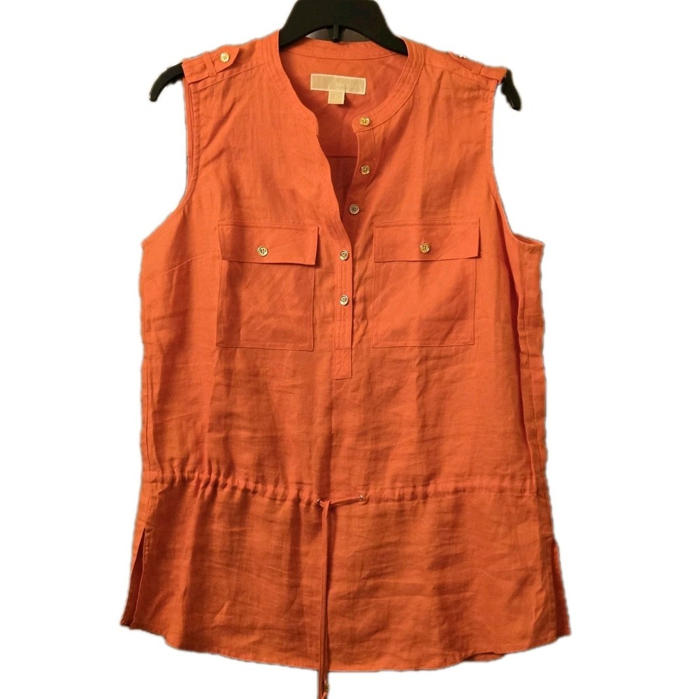 Michael Kors Linen Sleeveless Blouse Womens Size 8 Coral V-Neck Drawstring Tunic